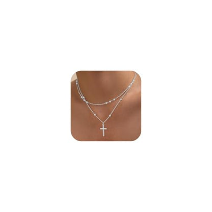 Cross Necklace for Women - Dainty 14K Real Silver Gold Plated Layered Pendant Necklace Stack Simple Trendy Cute Charm Choker Necklaces Jewelry Gift for Teen Her - style: Bead Set Silver