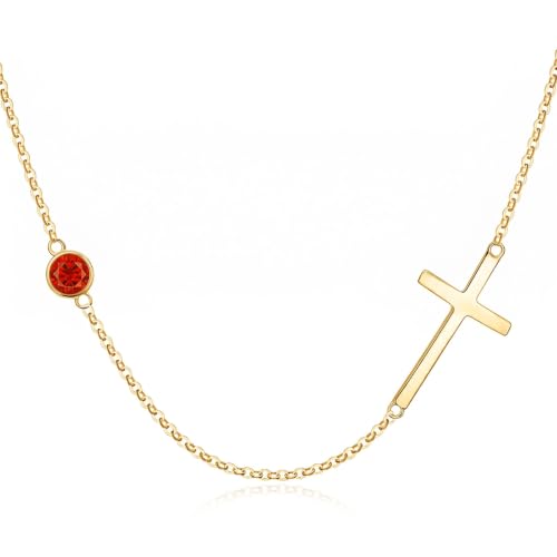 OJK 14K Gold Cross Necklace for Women Sideways Cross Birthstone Jewelry - color: 07-Ruby