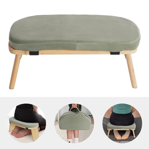 Bamboo Meditation Bench with Cushion, Folding Kneeling Meditation Bench, Portable Kneeling Chair for Kneeling or Sitting, 396.83lbs Load Max (Green) - color: Green