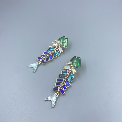 Fish Bone Earrings Drip Oil Animal Earrings Colorful Crystal Sparkly Enamel Earrings Creative Long Fishbone Earstud Dangle Fish Drop Earrings Jewelry for Women - color: Blue