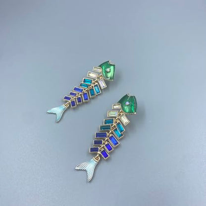 Fish Bone Earrings Drip Oil Animal Earrings Colorful Crystal Sparkly Enamel Earrings Creative Long Fishbone Earstud Dangle Fish Drop Earrings Jewelry for Women - color: Blue