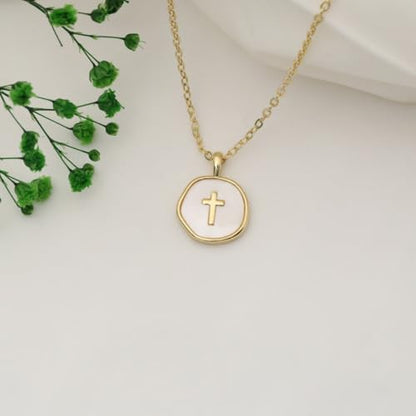 Gold Enamel Mini Cross Necklace Tiny Mother of Pearl Cross Necklace Religious Christian Gift for Baptism First Communion Christmas - color: big mother of pearl cross (15mm)-gold