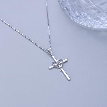 Cross Heart Necklace, 18K Gold Plated Crystal Pendant for Women - color: White