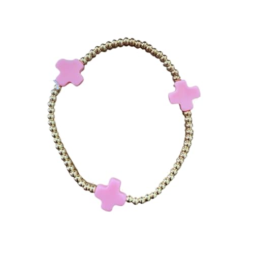 Colorful Cross Charm Bracelets for Women Men Adjustable Gold Plated Beaded Bracelet Boho Bead Ball Stretch Bracelet Birthday Summer Beach Jewelry - color: Pink