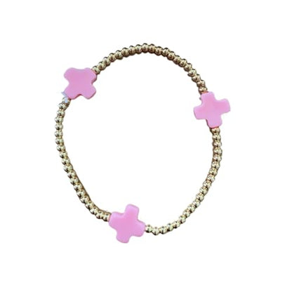 Colorful Cross Charm Bracelets for Women Men Adjustable Gold Plated Beaded Bracelet Boho Bead Ball Stretch Bracelet Birthday Summer Beach Jewelry - color: Pink