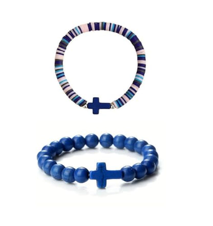 Colorful Handmade Cross Beaded Bracelet for Women Qute Religious Stone Clay Beaded Bracelet for Christian Inspirational Easter Chrismas Thanksgiving Gifts Jewelry - color: Blue
