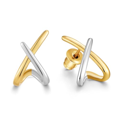 Small Two Tone Stud Earrings for Women Trendy Gold and Silver Minimalist Cross Earring Dainty Earrings Mixed Metal Jewelry Gifts for Daily Wear，3 Styles - style: Minimalist Studs-3