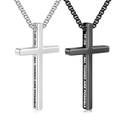 Ursteel 2 Pcs Black Silver Cross Necklace for Men, Bible Verse Cross Chain