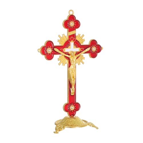 KOMI 5 Inch Catholic Metal Jesus Cross Standing, Red Enamel Crucifix for Home Decoration, Table Crucifix Religious Gift - color: red-gold