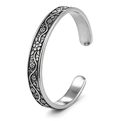 Stainless Steel Vintage Floral Open Cuff Bracelet for Women