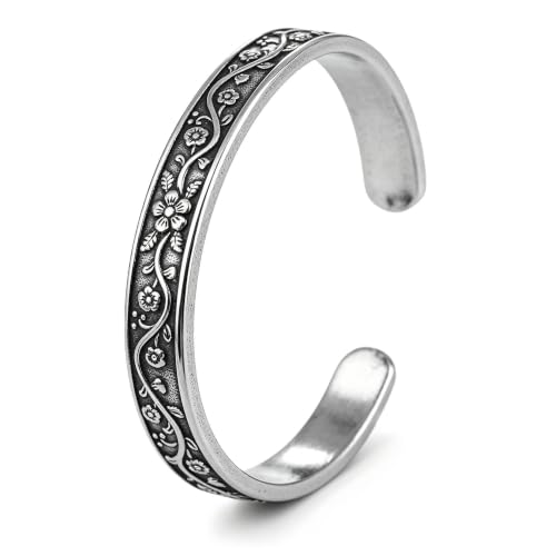 Stainless Steel Vintage Floral Open Cuff Bracelet for Women