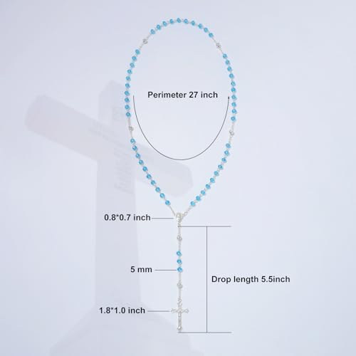 KOMI Crystal Rosary Beads with Jesus Crucifix, Catholic Necklace for Women First Communion Rosarios Wedding Rosary with Velvet Bag - style: 6MM-blue