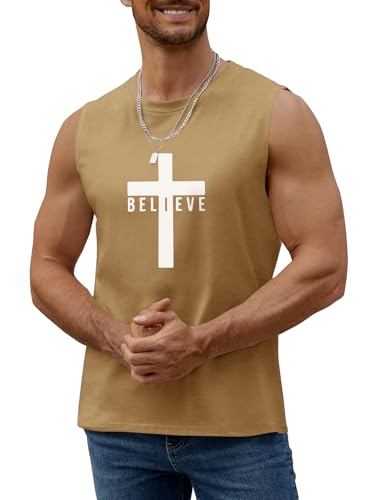 Men's Cotton Graphic Tank Tops Jesus Cross Believe Printed Faith Christian Shirts - color: #Khaki, size: Small