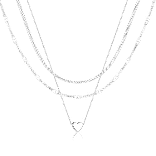 Poxtex Layered Gold Necklaces for Women, Stackable Dainty 14K Gold Silver Plated Trendy Simple Heart Diamond Cross Bow Circle Pendant Paperclip Choker Dot Chain Necklace,Jewelry Set Gifts for Women - color: Silver, style: Heart2
