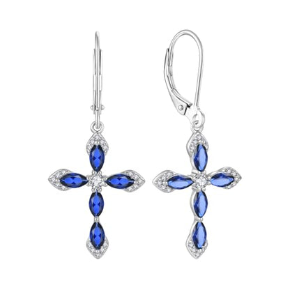 Birthstone Cross Earrings for Women 925 Sterling Silver - color: 09 September - Sapphire