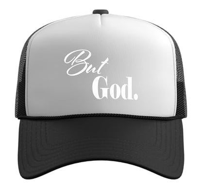 Christian Religious But God Strong Women Men of Faith Gifts Trucker Hat with Adjustable Mesh Back - color: Black/White