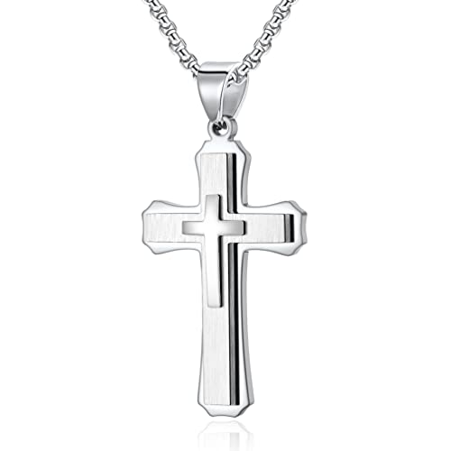 Large Cross Necklace for Men, Stailess Steel Silver Black Gold Cross Triple Layer Big Cross Pendant Unisex Faith Jewelry Gift for Prayer 28 Inches Box Chain - color: Silver silver