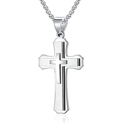Large Cross Necklace for Men, Stailess Steel Silver Black Gold Cross Triple Layer Big Cross Pendant Unisex Faith Jewelry Gift for Prayer 28 Inches Box Chain - color: Silver silver