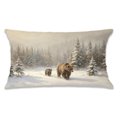 Winter Farmhouse Mountain Forest Brown Bear Pillow Cover 18x18 - color: Christmas-32, size: 20" x 12" (Pack of 1)
