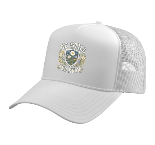 Be Still and Know for Women Christian Bible Verse Vintage Trucker Hat with Adjustable Mesh Back - color: White