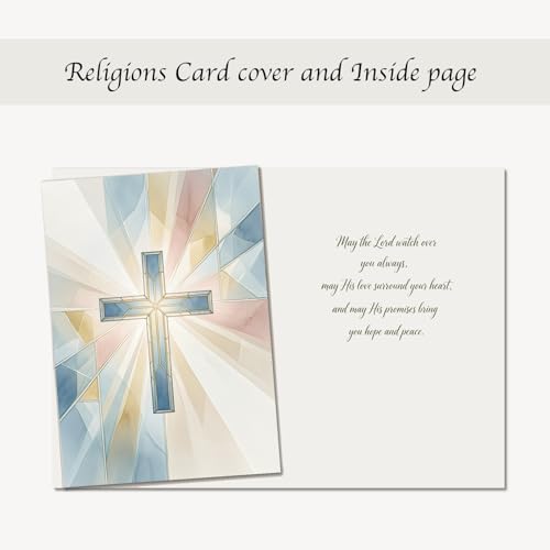 Easter Religious Greeting Card, Single Card – Pastel Stained Glass Cross – Blue, Pink and Gold Light Rays, 5x7 Inches with Speckled Envelope for Confirmation, Baptism or Sympathy - color: Stained Glass Cross