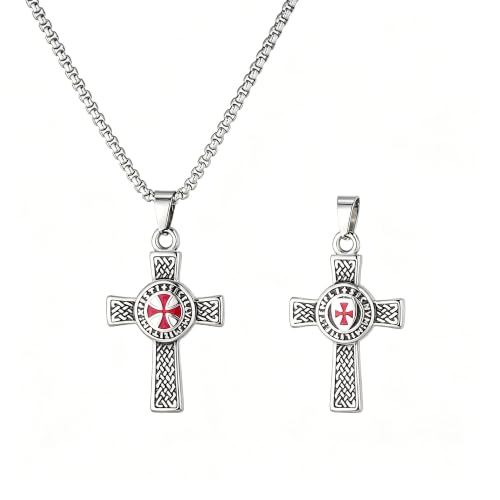 Knights Templar Cross Necklace, Stainless Steel Celtic Knot Red Enamel Double Sided Pendant, 3mm Box Chain, Vintage Religious Amulet Faith Jewelry Gift
