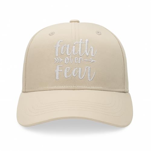 Faith Over Fear Christian Hats, Embroidered Baseball Caps for Adults - color: Tan White