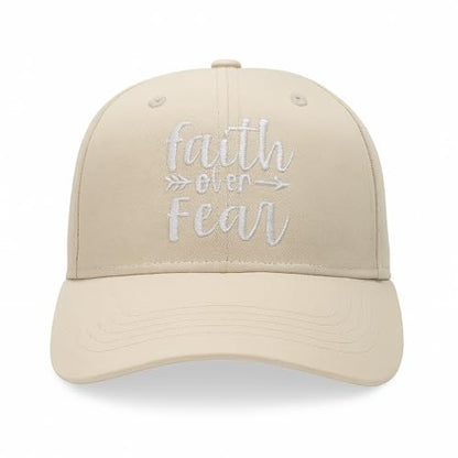 Faith Over Fear Christian Hats, Embroidered Baseball Caps for Adults - color: Tan White