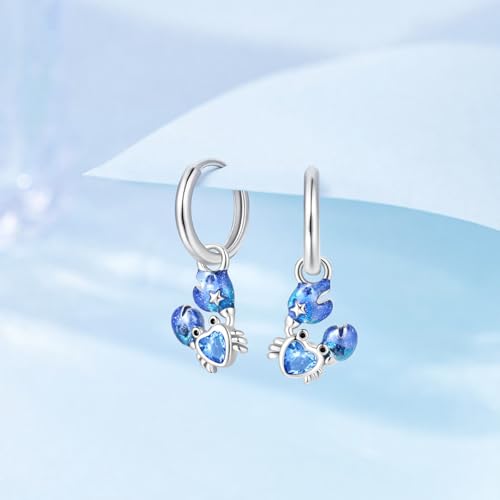 925 Sterling Silver Cute Animal Unique Huggie Hoop Earrings for Women - color: Blue Crab