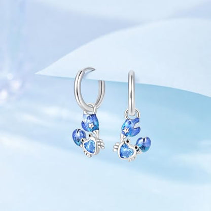 925 Sterling Silver Cute Animal Unique Huggie Hoop Earrings for Women - color: Blue Crab