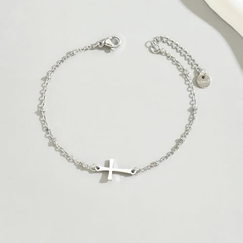 18K Gold Plated Pearl Beaded Cross Bracelets for Women Adjustable - color: Satellite Cross-White Gold