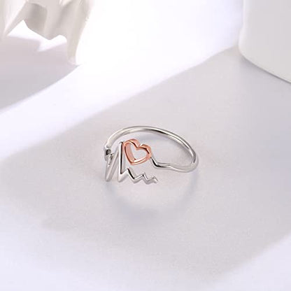 Sterling Silver Nurse Jewelry for Women Heartbeat Stethoscope Necklace Ring Nurses Week Graduation Gifts - color: Rose Gold
