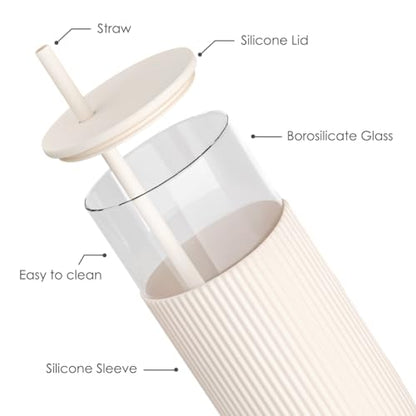 SANDJEST Glass Tumbler with Straw and Lid, Glass Water Bottle with Silicone Sleeve 20oz, Smoothie, Iced Coffee Cup, Gifts for Women Teen Girls Birthday Christmas (Cream) - color: Cream