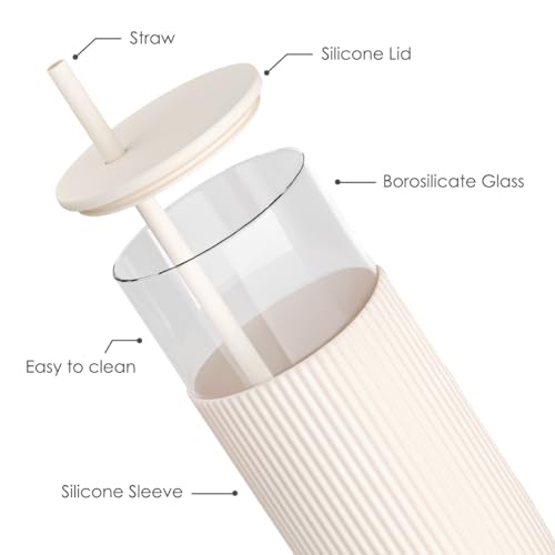 SANDJEST Glass Tumbler with Straw and Lid, Glass Water Bottle with Silicone Sleeve 20oz, Smoothie, Iced Coffee Cup, Gifts for Women Teen Girls Birthday Christmas (Cream) - color: Cream