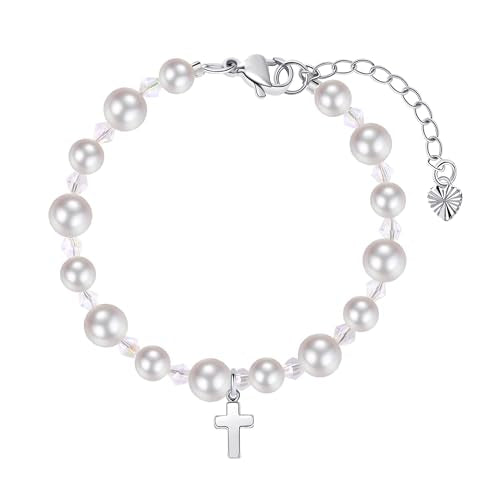 Pearl Cross Bracelets for Girls, Sterling Silver Baby Bracelet, Baptism Gifts for Girl, Christening and First Communion Christian Jewelry Gift for Kids