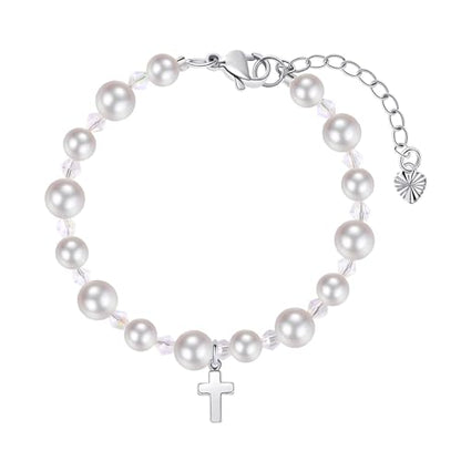 Pearl Cross Bracelets for Girls, Sterling Silver Baby Bracelet, Baptism Gifts for Girl, Christening and First Communion Christian Jewelry Gift for Kids
