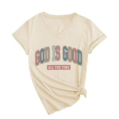 Christian Shirts for Women God is Good Tshirts Religious Faith Graphic T-Shirts Jesus Bible Verse V Neck Tees Tops - color: Beige, size: X-Large