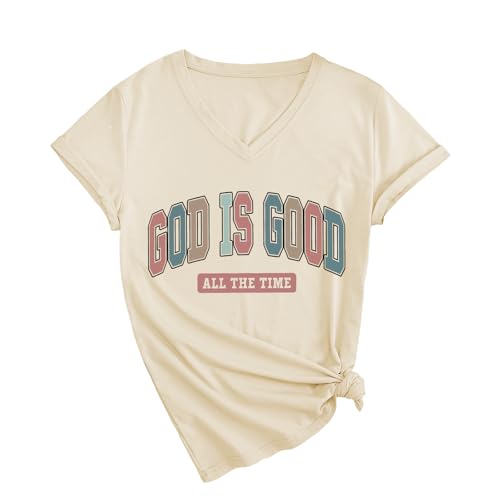 Christian Shirts for Women God is Good Tshirts Religious Faith Graphic T-Shirts Jesus Bible Verse V Neck Tees Tops - color: Beige, size: XX-Large