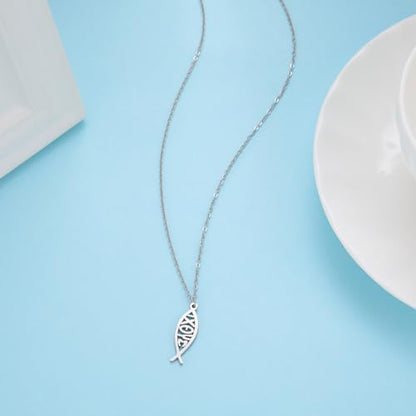 Ichthus Necklace for Women Christian Jesus Fish Necklace Christ Fish Cross Ichthys Pendant Necklace Ichthus Fish Religious Symbol Pendant Christian Jewelry Gift - color: Jesus Fish silver