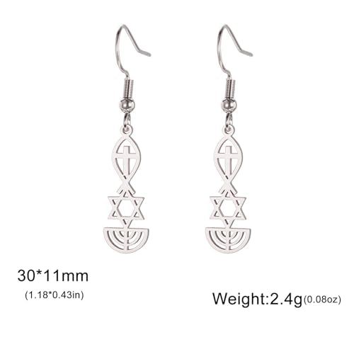 Messianic Seal Dangle Earrings Messianic Seal of Jerusalem Earrings Star of David,Ichthus with Cross,Menorah,Jewish Star Earrings Religious Hanukkah Jewelry Token of Prayer - color: silver