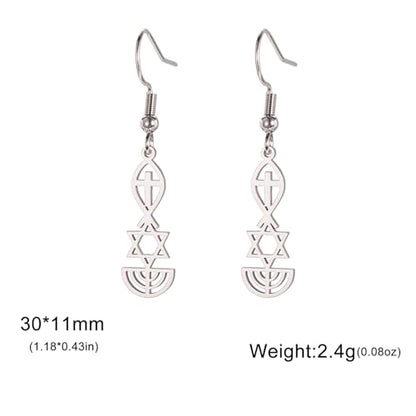 Messianic Seal Dangle Earrings Messianic Seal of Jerusalem Earrings Star of David,Ichthus with Cross,Menorah,Jewish Star Earrings Religious Hanukkah Jewelry Token of Prayer - color: silver