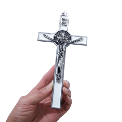 KOMI 7.5" Metal Crucifix Wall Cross with White Enamel Catholic Jesus Cross - color: White-Silver