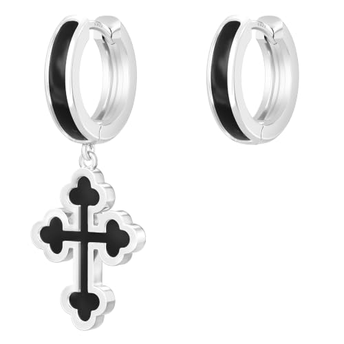 KRKC&CO Dangle Cross Earrings for Men, Sterling Silver Plated Black Drop - color: Silver-F