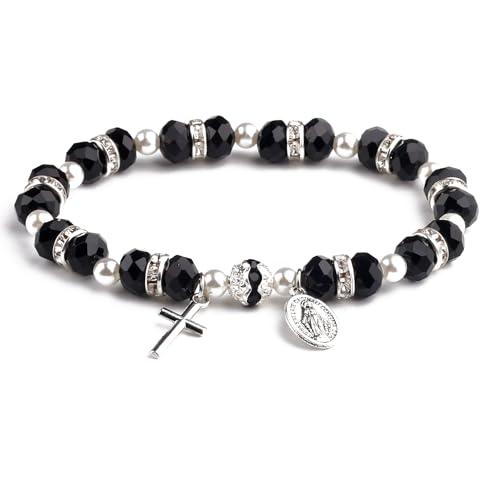 HanlinCC Women's Stretch Rosary Bracelet Beaded Crucifix & Miraculous Medal - color: Black