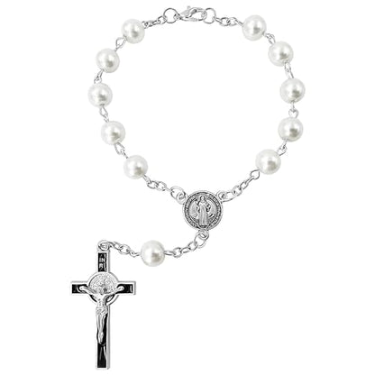 TALISMAN4U St Benedict One Decade Catholic Rosary for Car Rearview Mirror - color: White Car Rosary