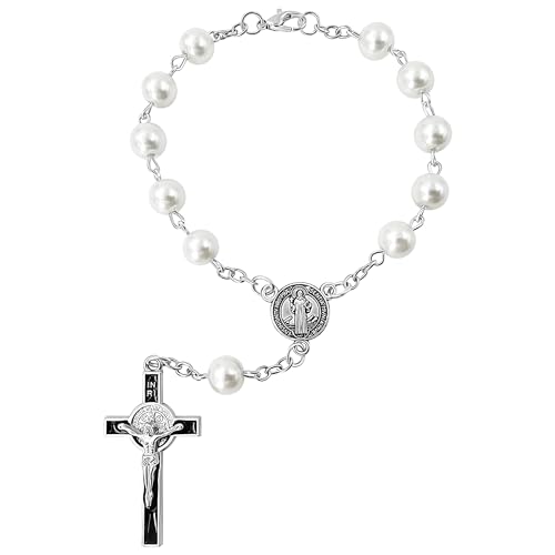 TALISMAN4U St Benedict One Decade Catholic Rosary for Car Rearview Mirror - color: White Car Rosary