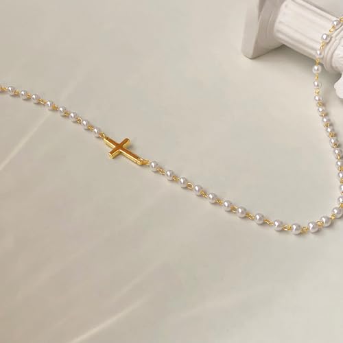 Airmb Cross Necklace for Women Choker 14K Gold/925 Silver Plated Dainty Choker Small Cross Pendant Trendy Cute Cross Charm Delicate Necklace Hypoallergenic Faith Jewelry Religious Gifts for Women - color: Sideways Cross-Pearl Chain-Gold