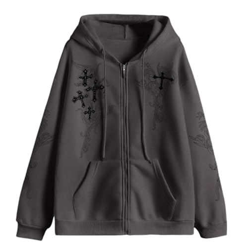 Zip Up Hoodies Y2k Jacket Graphic Gothic Jackets Grunge Cross Hoodie Baggy Streetwear Emo Sweater Aesthetic Clothes - color: Deep Gray, size: XX-Large