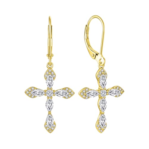 Birthstone Cross Earrings for Women 925 Sterling Silver - color: 04 April - Zirconia - Yellow Gold Plated