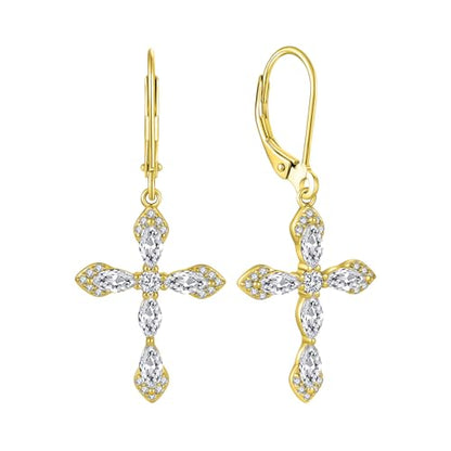 Birthstone Cross Earrings for Women 925 Sterling Silver - color: 04 April - Zirconia - Yellow Gold Plated
